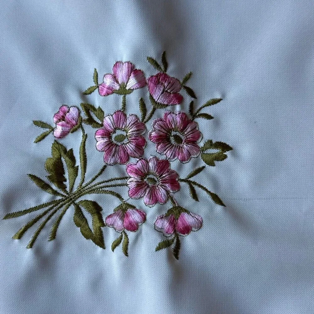 Vintage handmade napkin handkerchief cream with embroidered pink‎ flowers shabby
